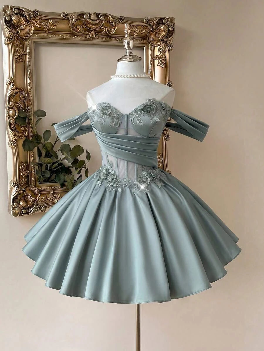 Beautiful A-Line Off-Shoulder Floral Appliques Corset Sage Green Short Homecoming Dress