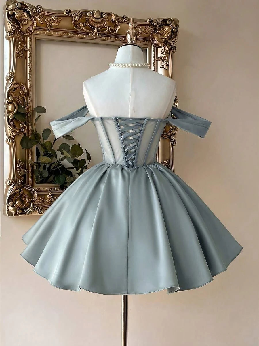 Beautiful A-Line Off-Shoulder Floral Appliques Corset Sage Green Short Homecoming Dress