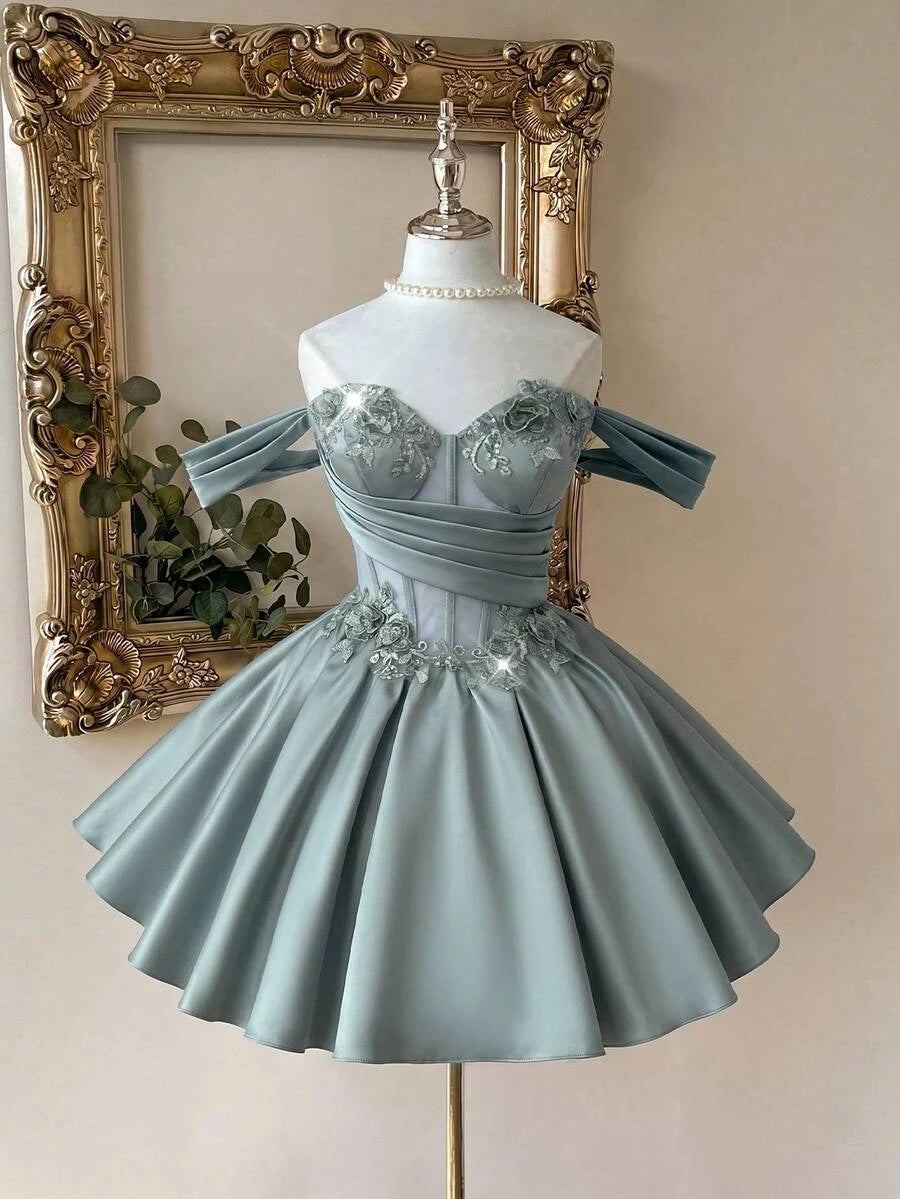 Beautiful A-Line Off-Shoulder Floral Appliques Corset Sage Green Short Homecoming Dress
