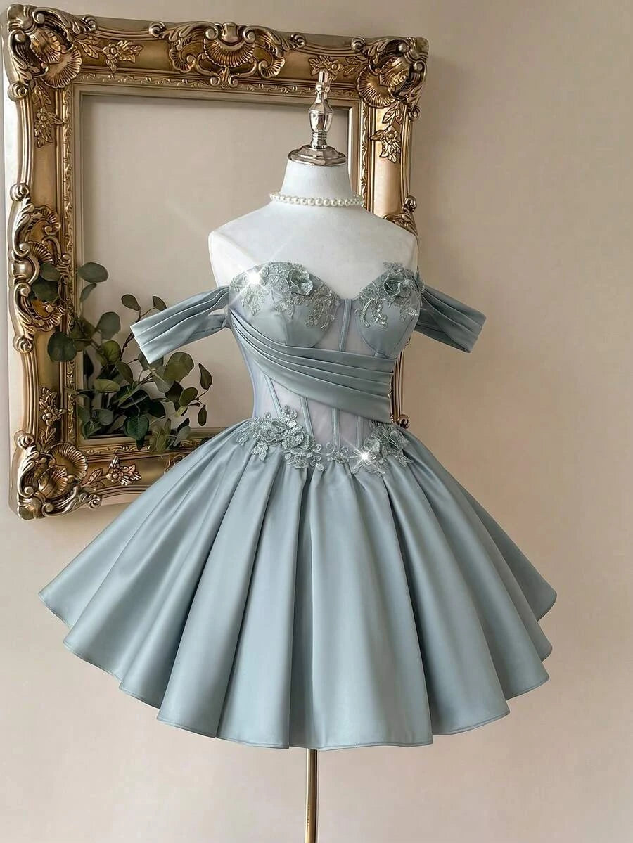 Beautiful A-Line Off-Shoulder Floral Appliques Corset Sage Green Short Homecoming Dress