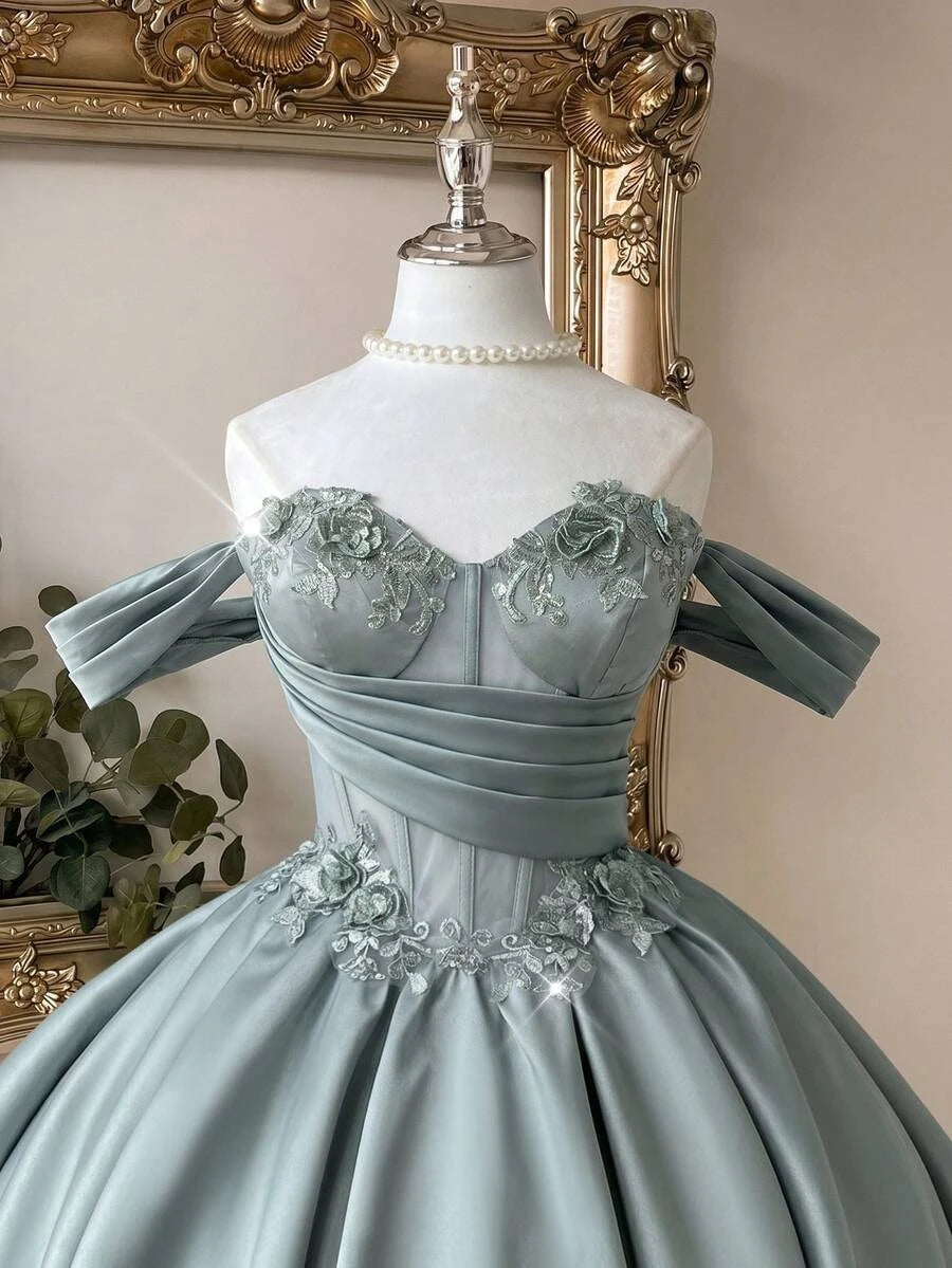 Beautiful A-Line Off-Shoulder Floral Appliques Corset Sage Green Short Homecoming Dress