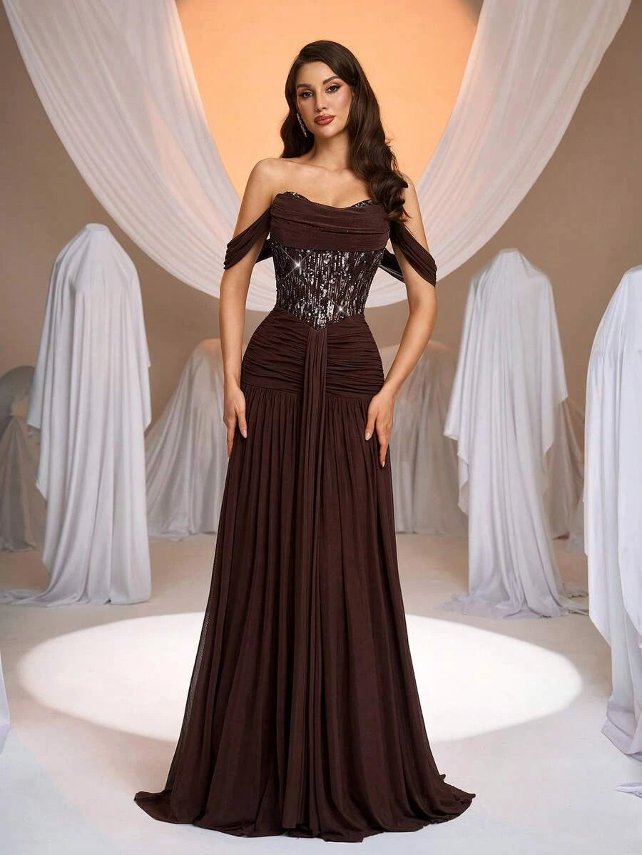 Beautiful A-Line Off-Shoulder Sequin Ruched Mesh Chocolate Brown Floor-Length Prom Dress