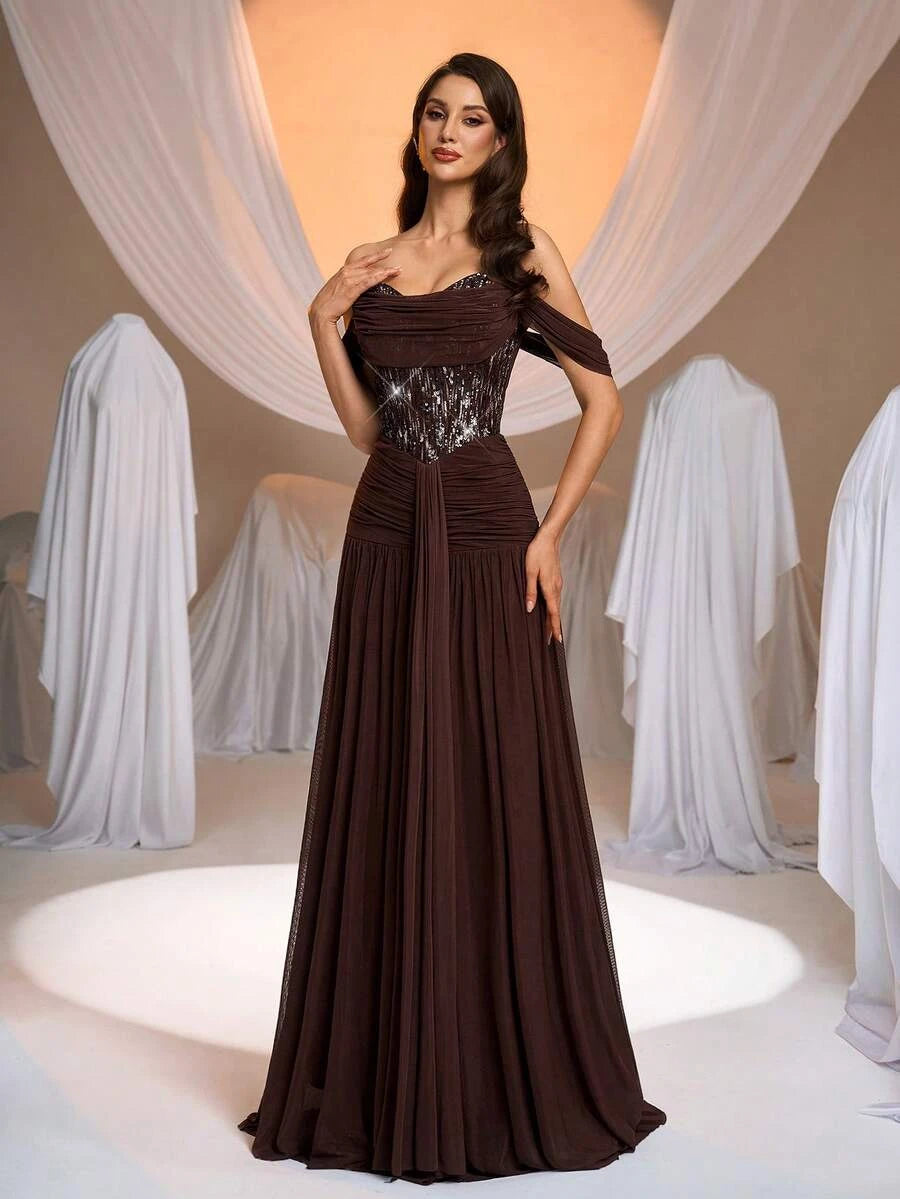 Beautiful A-Line Off-Shoulder Sequin Ruched Mesh Chocolate Brown Floor-Length Prom Dress