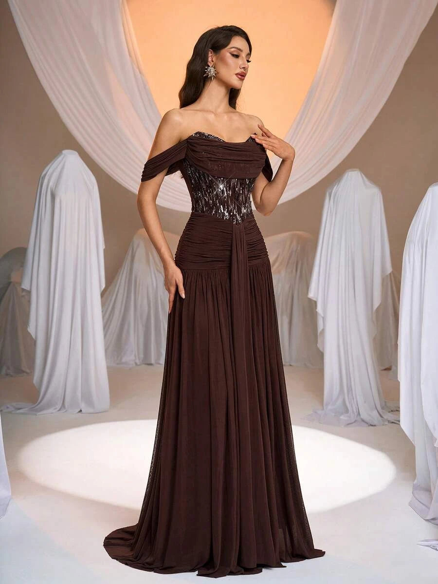 Beautiful A-Line Off-Shoulder Sequin Ruched Mesh Chocolate Brown Floor-Length Prom Dress