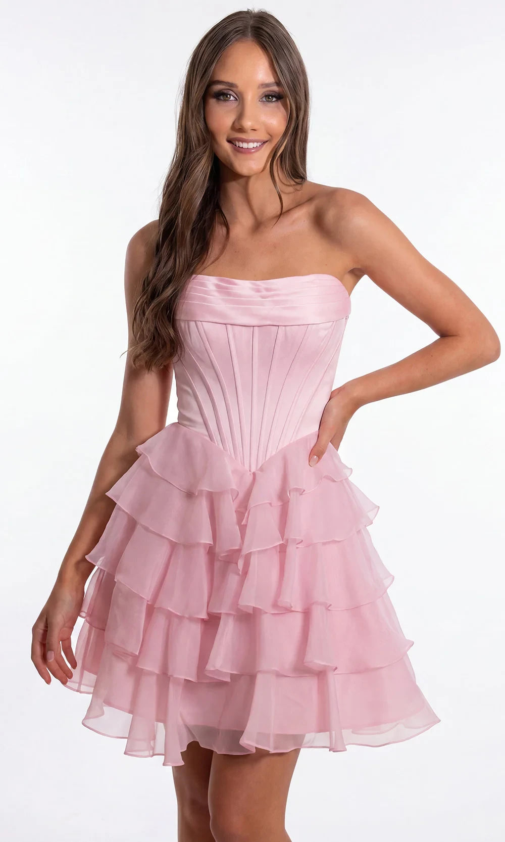 Beautiful A-Line Strapless Corset Pleated Tiered Ruffle Pink Short Homecoming Dress