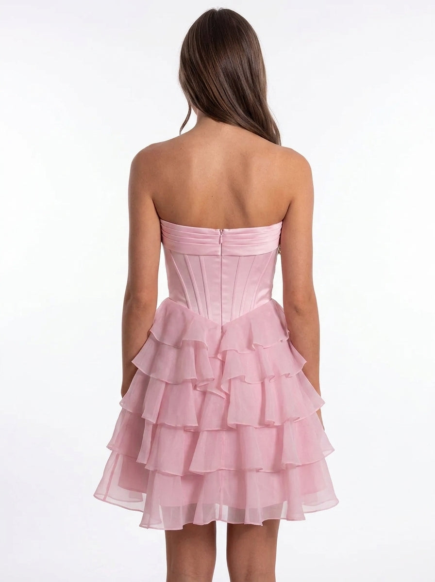 Beautiful A-Line Strapless Corset Pleated Tiered Ruffle Pink Short Homecoming Dress