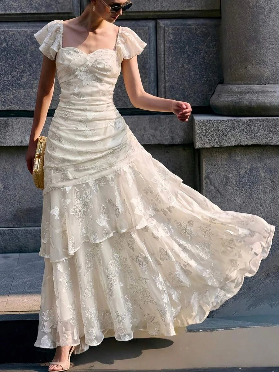 Beautiful A-Line Sweetheart Flutter Sleeves Ruffled Butterfly Ivory Floor-Length Prom Dress