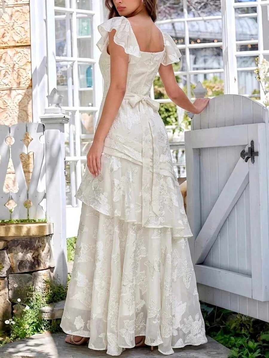 Beautiful A-Line Sweetheart Flutter Sleeves Ruffled Butterfly Ivory Floor-Length Prom Dress