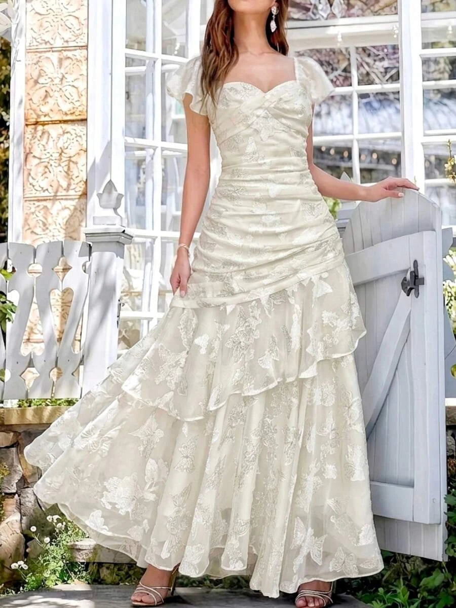Beautiful A-Line Sweetheart Flutter Sleeves Ruffled Butterfly Ivory Floor-Length Prom Dress