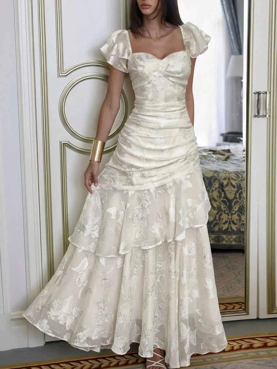 Beautiful A-Line Sweetheart Flutter Sleeves Ruffled Butterfly Ivory Floor-Length Prom Dress