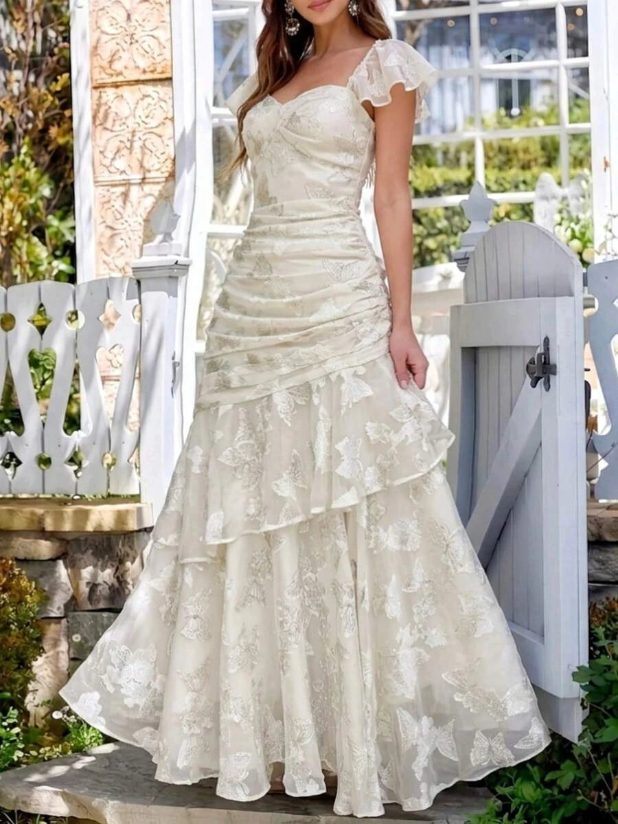 Beautiful A-Line Sweetheart Flutter Sleeves Ruffled Butterfly Ivory Floor-Length Prom Dress