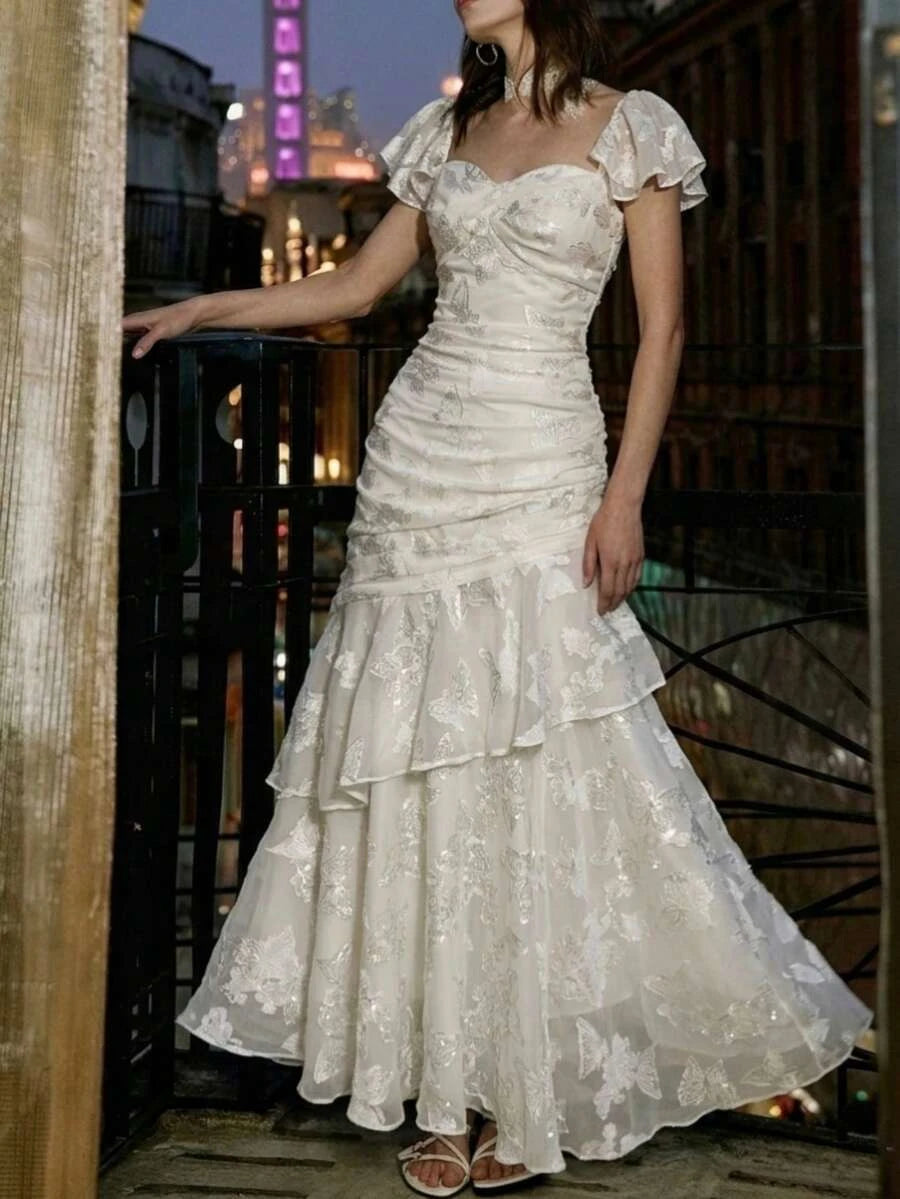 Beautiful A-Line Sweetheart Flutter Sleeves Ruffled Butterfly Ivory Floor-Length Prom Dress