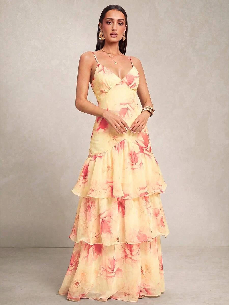 Beautiful A-Line V-Neck Floral Tiered Ruffle Yellow Floor Length Prom Dress