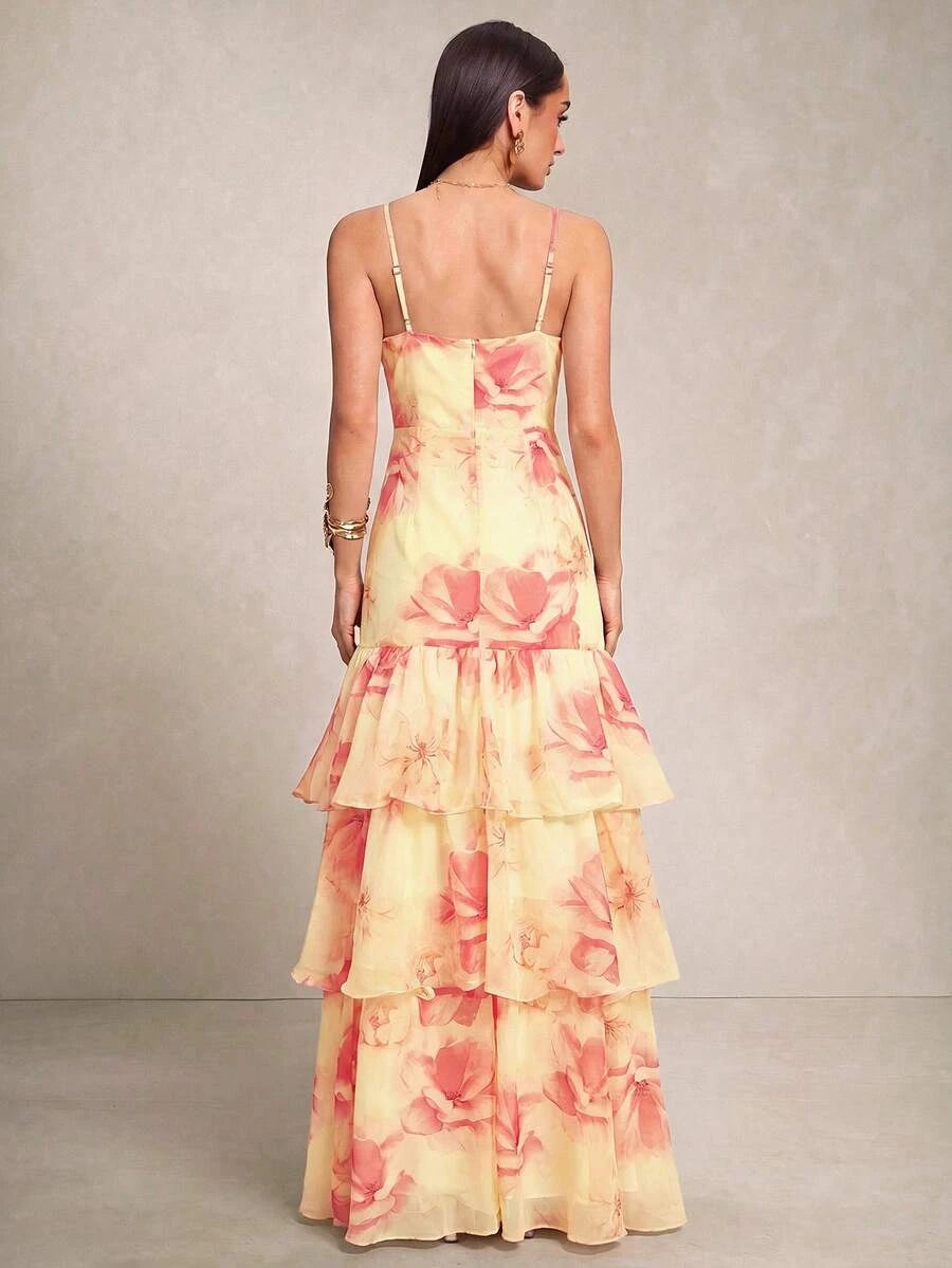 Beautiful A-Line V-Neck Floral Tiered Ruffle Yellow Floor Length Prom Dress