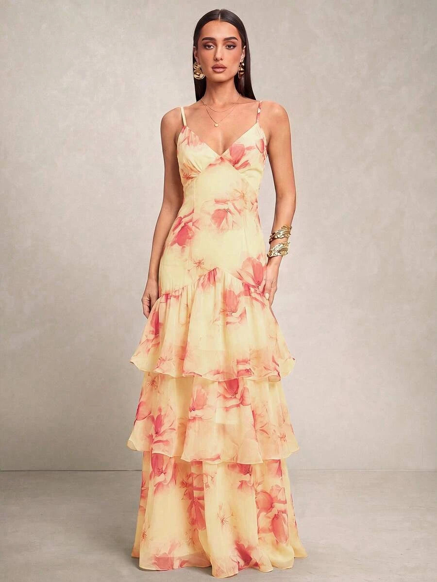 Beautiful A-Line V-Neck Floral Tiered Ruffle Yellow Floor Length Prom Dress
