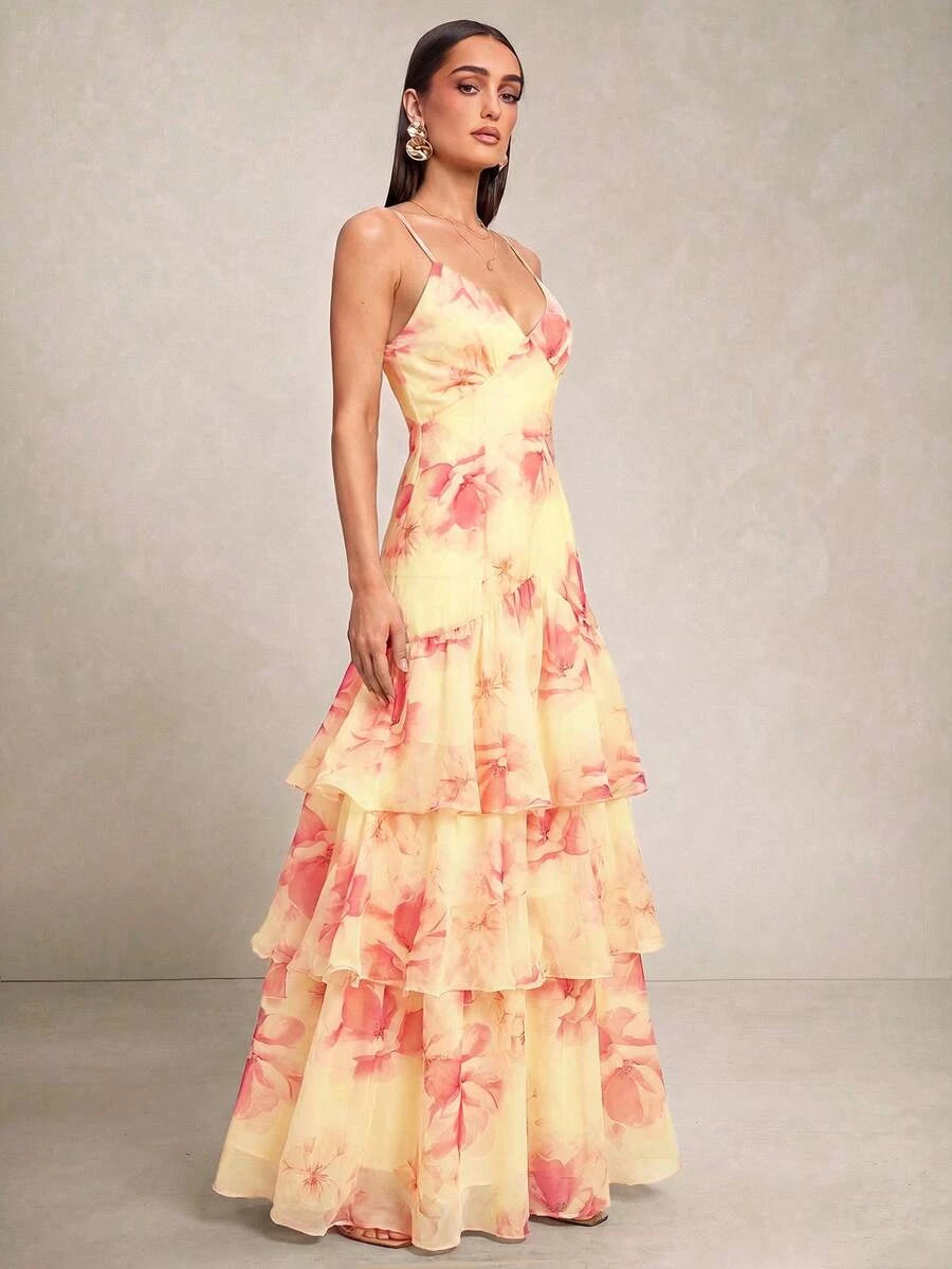 Beautiful A-Line V-Neck Floral Tiered Ruffle Yellow Floor Length Prom Dress