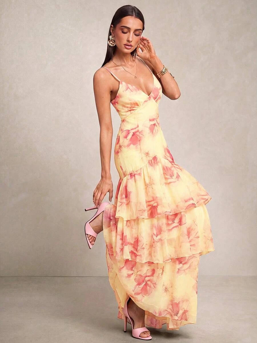 Beautiful A-Line V-Neck Floral Tiered Ruffle Yellow Floor Length Prom Dress