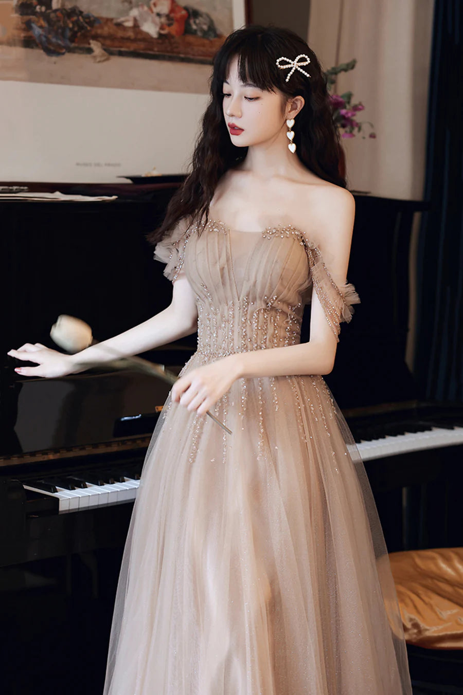 Beautiful champagne Tulle Beaded A-Line Long Prom Dress Evening Party Dress