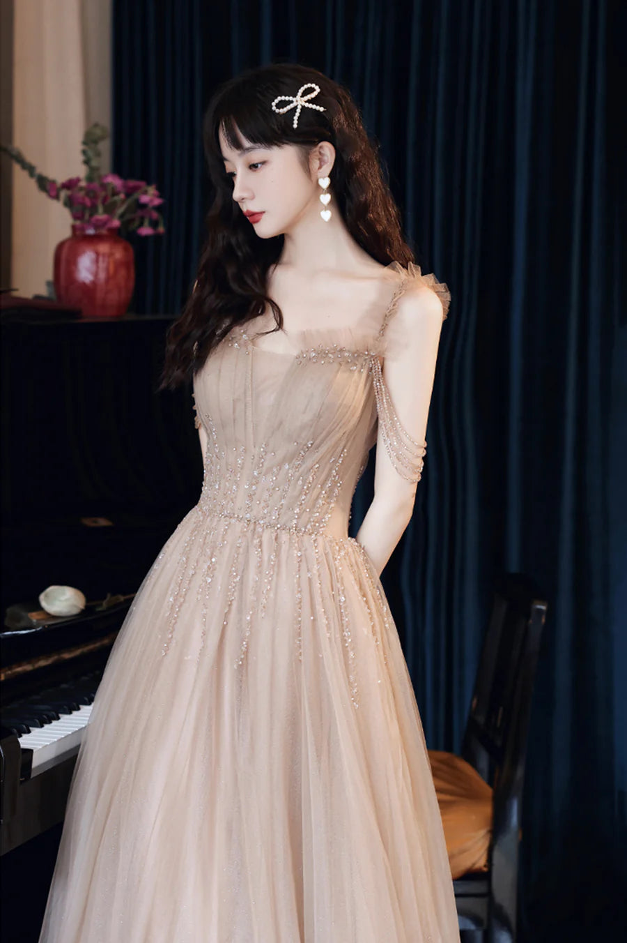 Beautiful champagne Tulle Beaded A-Line Long Prom Dress Evening Party Dress