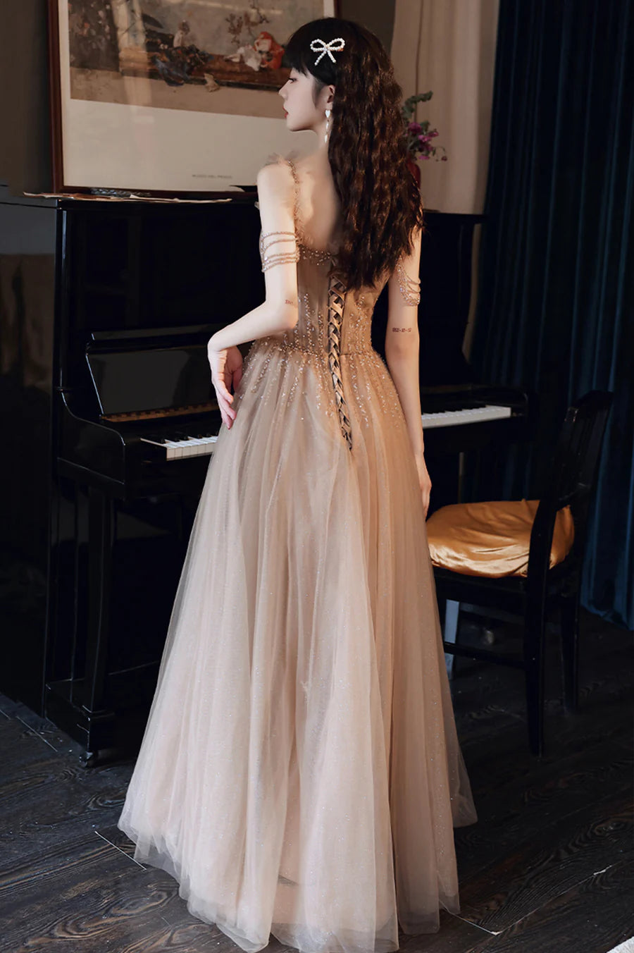 Beautiful champagne Tulle Beaded A-Line Long Prom Dress Evening Party Dress