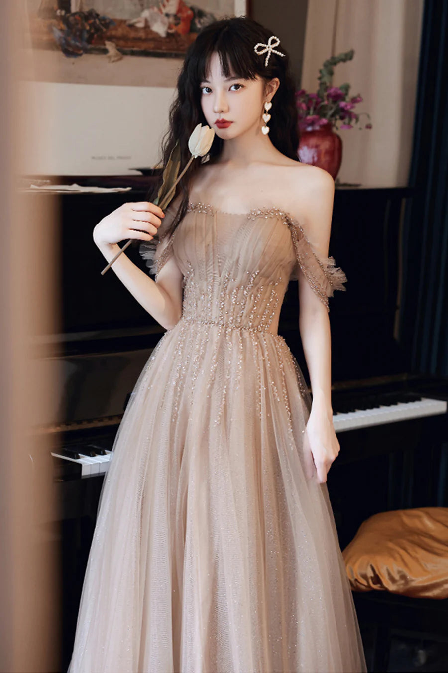 Beautiful champagne Tulle Beaded A-Line Long Prom Dress Evening Party Dress