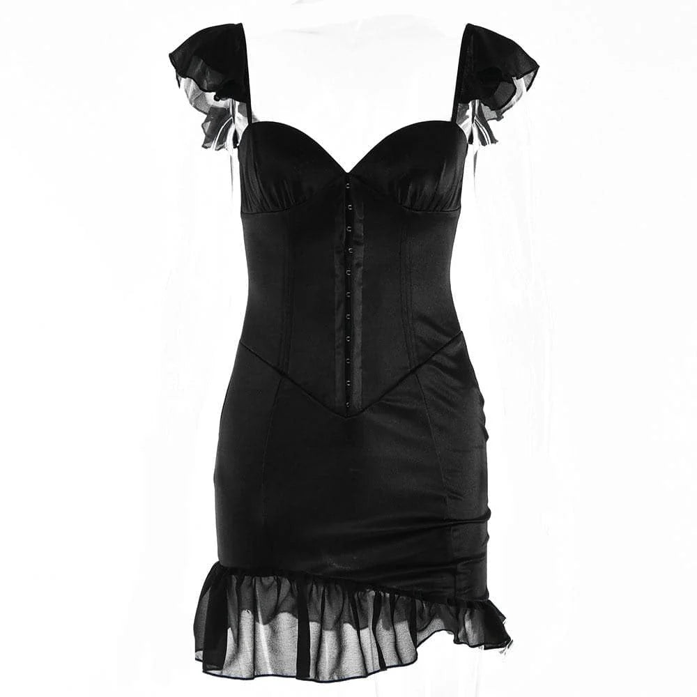 Close-up of the sweetheart neckline and corset detailing on a black mini dress.