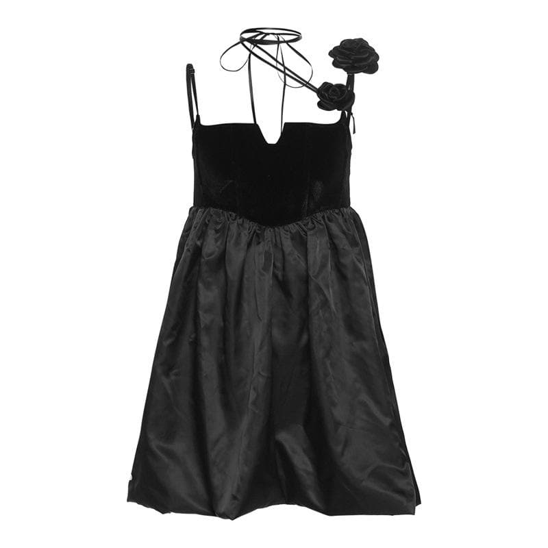 Side view of the black velvet A-line mini homecoming dress, highlighting the gathered skirt.