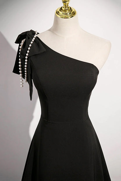Black A-Line Long Prom Dress Simple One Shoulder Beaded With Bow Floor Length Party Dress