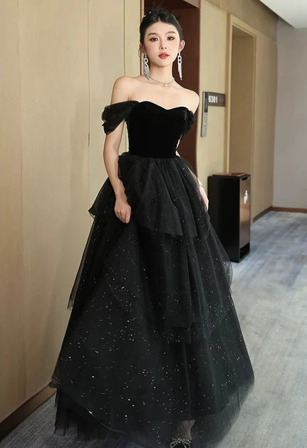 Black A-line Tulle and Velvet Layers Off-the-Shoulder Long Party Dress Prom Dress