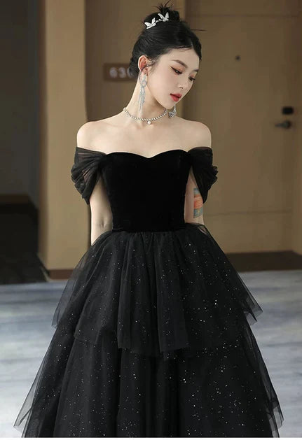 Black A-line Tulle and Velvet Layers Off-the-Shoulder Long Party Dress Prom Dress
