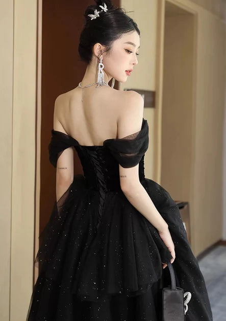 Black A-line Tulle and Velvet Layers Off-the-Shoulder Long Party Dress Prom Dress