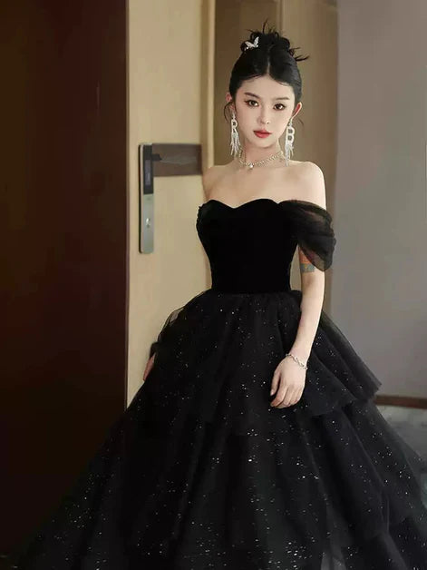 Black A-line Tulle and Velvet Layers Off-the-Shoulder Long Party Dress Prom Dress