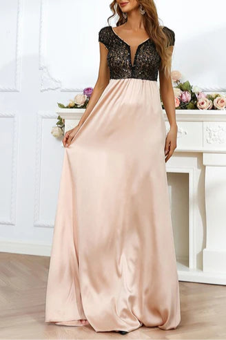 Black And Champagne Chiffon Sequins V-Neck Backless Floor Length Long Evening Dress