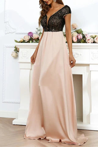 Black And Champagne Chiffon Sequins V-Neck Backless Floor Length Long Evening Dress