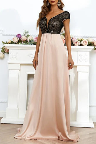 Black And Champagne Chiffon Sequins V-Neck Backless Floor Length Long Evening Dress