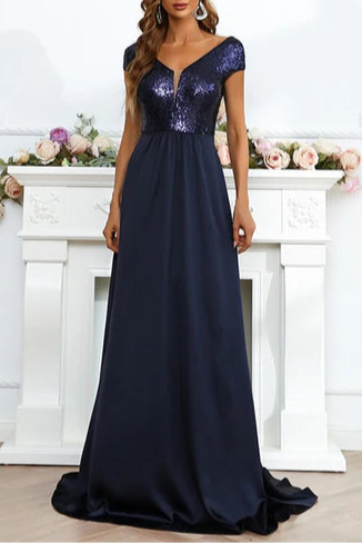 Black And Champagne Chiffon Sequins V-Neck Backless Floor Length Long Evening Dress