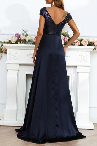Black And Champagne Chiffon Sequins V-Neck Backless Floor Length Long Evening Dress