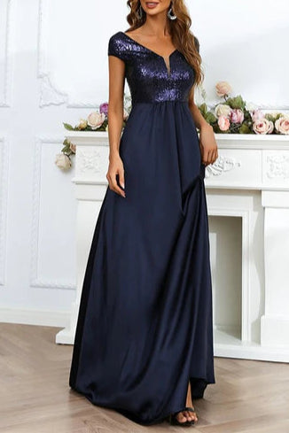 Black And Champagne Chiffon Sequins V-Neck Backless Floor Length Long Evening Dress