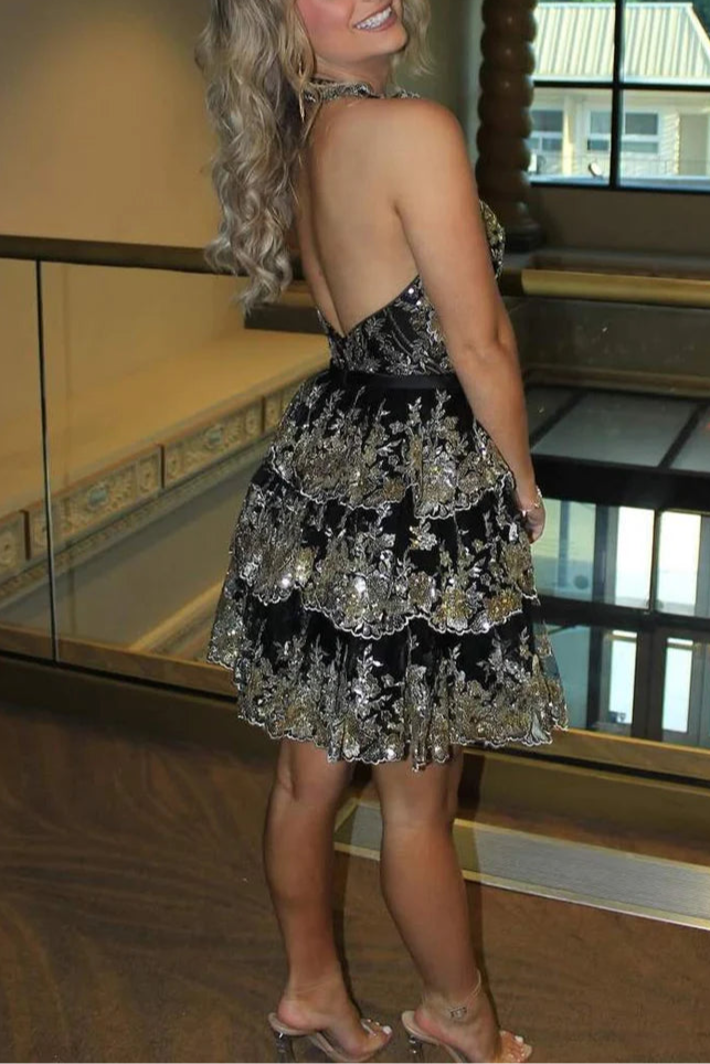 Black And Gold Satin Sequin Halter V-Neck Tiered Appliques Short Homecoming Cocktail Dress