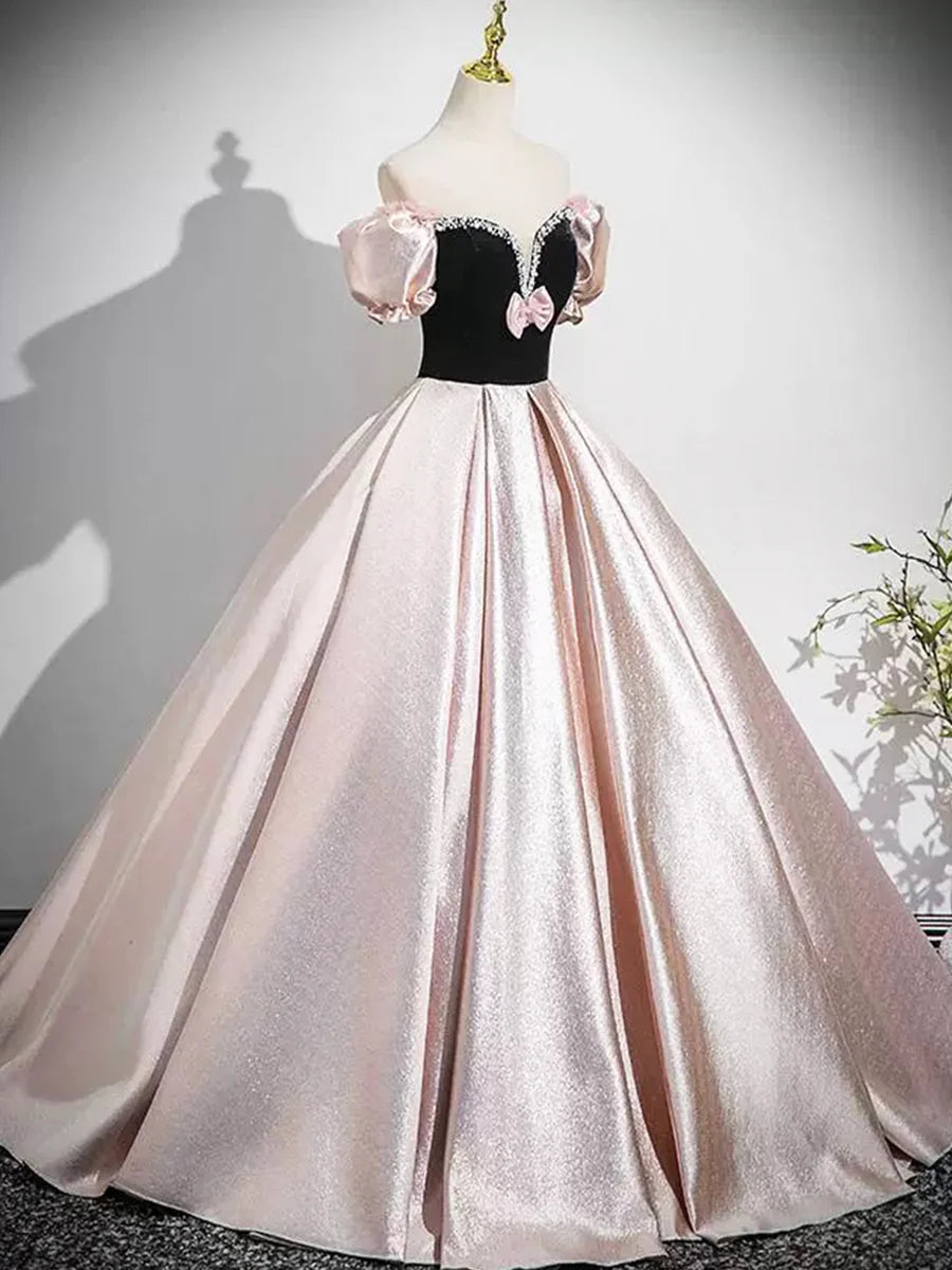 Black And Pink Velvet Satin With Beaded Strapless Floor Length Prom Dress Lovely A-Line Party Dress