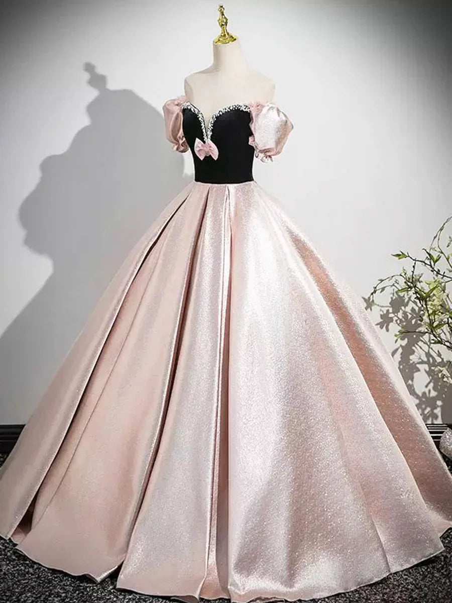 Black And Pink Velvet Satin With Beaded Strapless Floor Length Prom Dress Lovely A-Line Party Dress