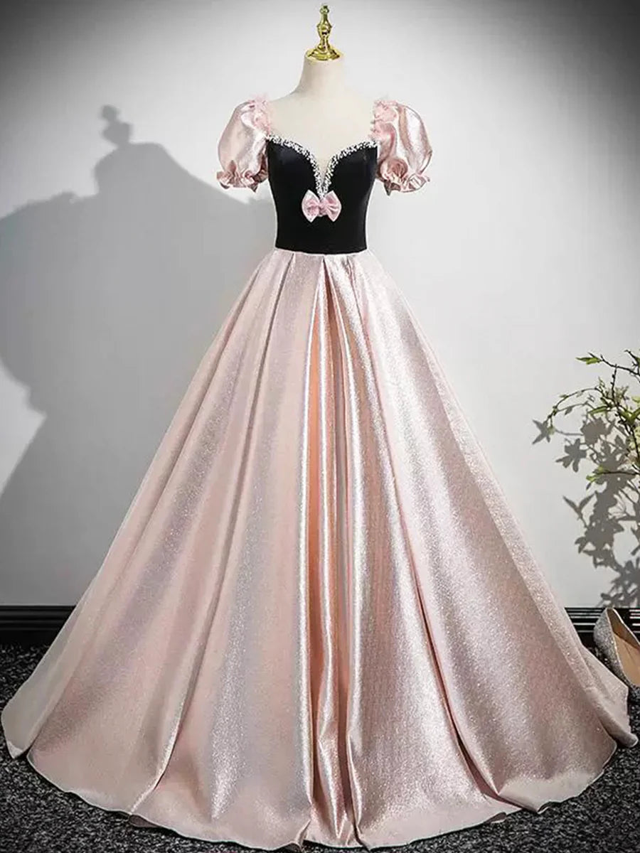 Black And Pink Velvet Satin With Beaded Strapless Floor Length Prom Dress Lovely A-Line Party Dress
