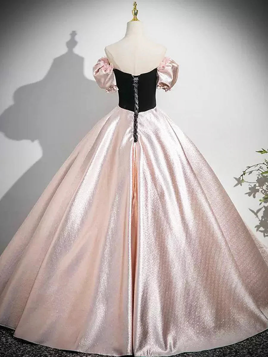 Black And Pink Velvet Satin With Beaded Strapless Floor Length Prom Dress Lovely A-Line Party Dress