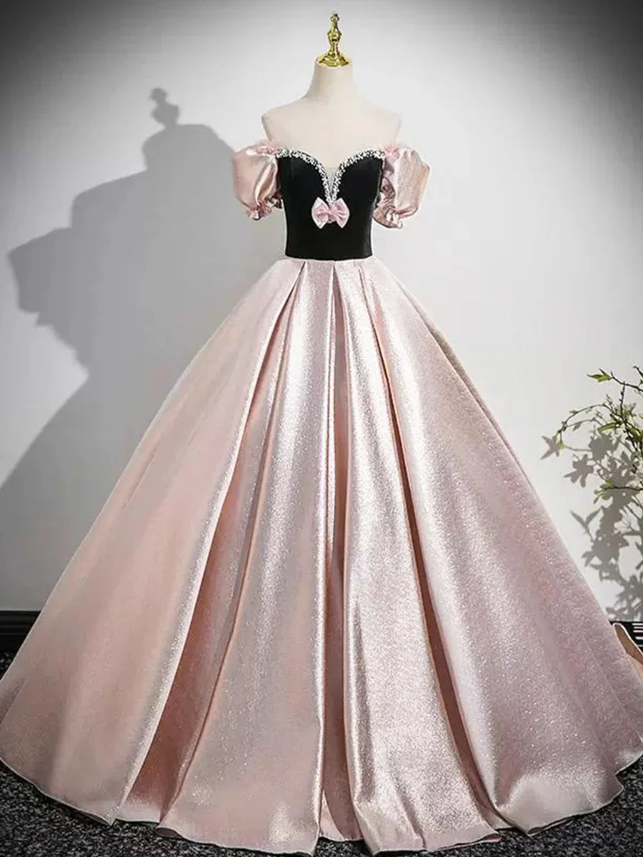 Black And Pink Velvet Satin With Beaded Strapless Floor Length Prom Dress Lovely A-Line Party Dress
