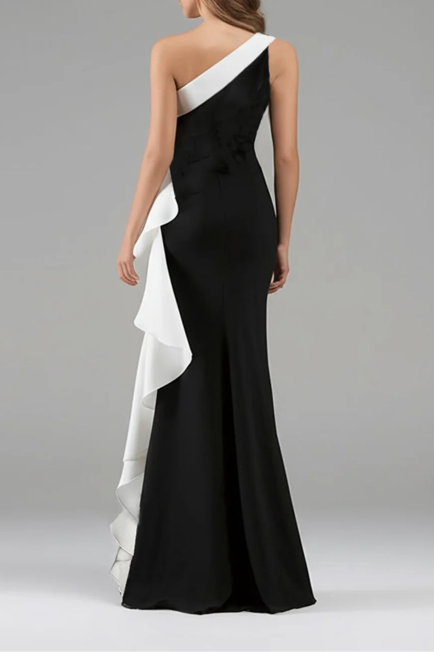 Black And White One Shoulder Ruffles Long Party Dress With 3D Flowers Black And White Evening Dress