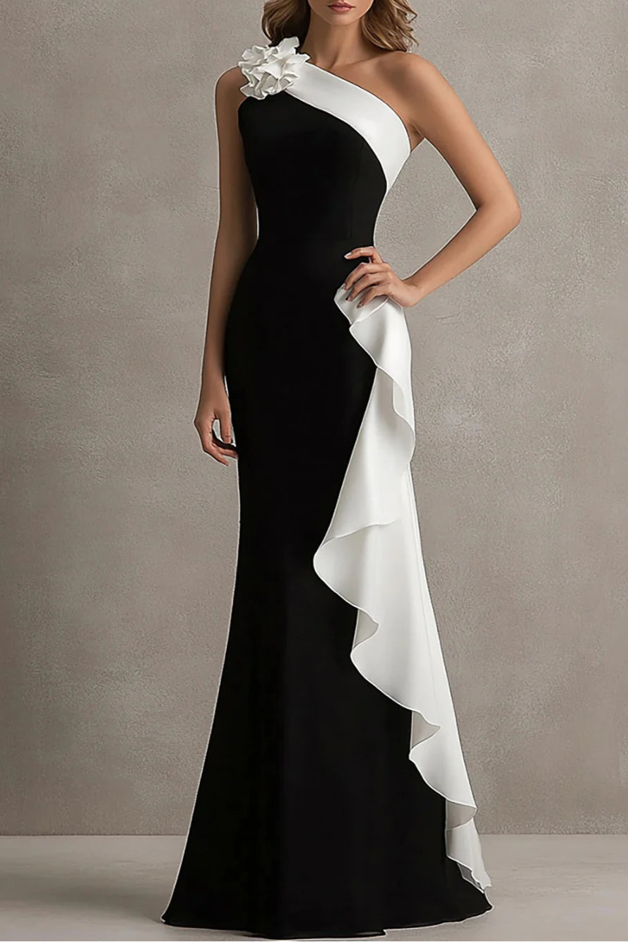 Black And White One Shoulder Ruffles Long Party Dress With 3D Flowers Black And White Evening Dress
