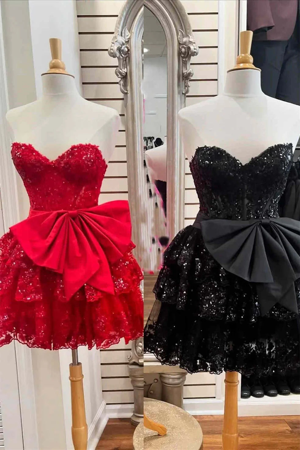 Black Corset Sequin Appliques Sweetheart Collar Tiered Short Homecoming Dress With Bow