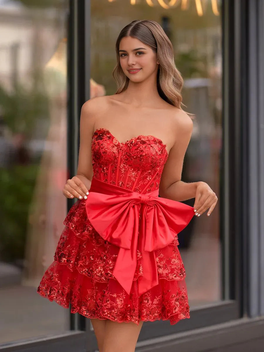 Black Corset Sequin Appliques Sweetheart Collar Tiered Short Homecoming Dress With Bow