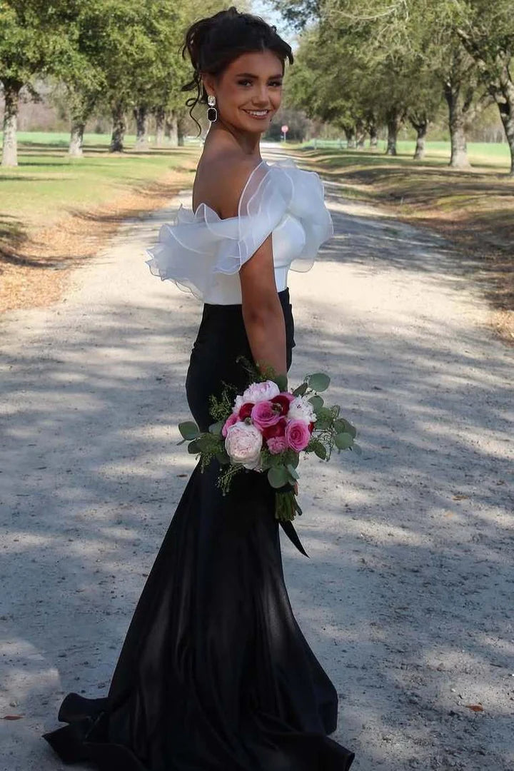 Black Elegant Off Shoulder Mermaid Ruffle Formal Slit Ball Gown
