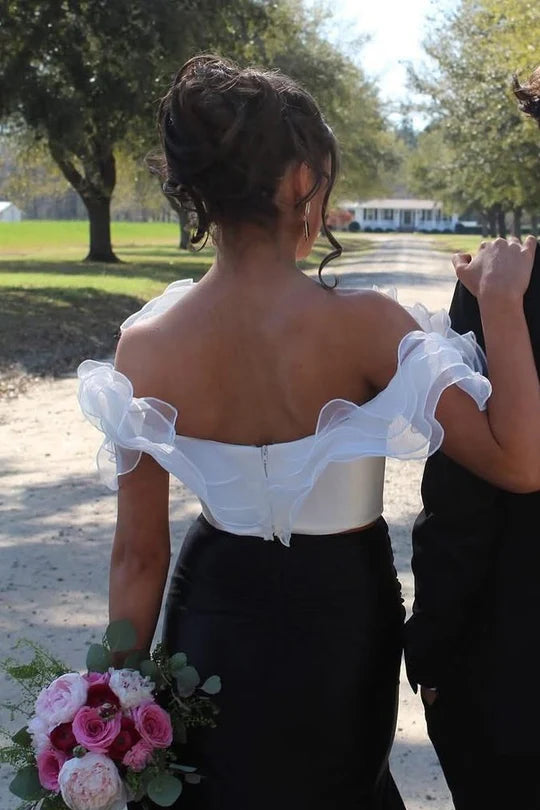 Black Elegant Off Shoulder Mermaid Ruffle Formal Slit Ball Gown